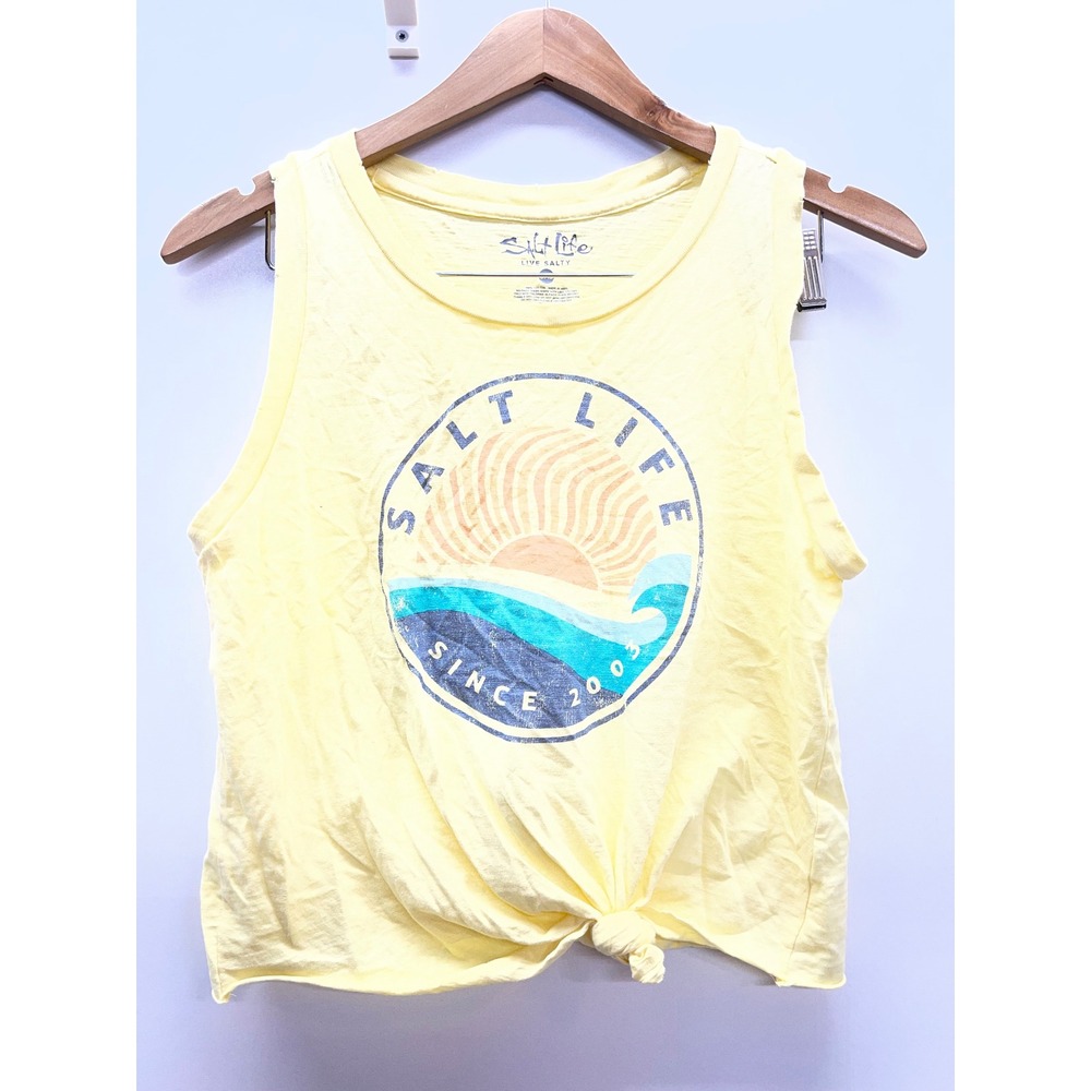 Salt Life Womens Yellow Graphic Front Tie Tank Top Sun Wave Logo Small 0654009